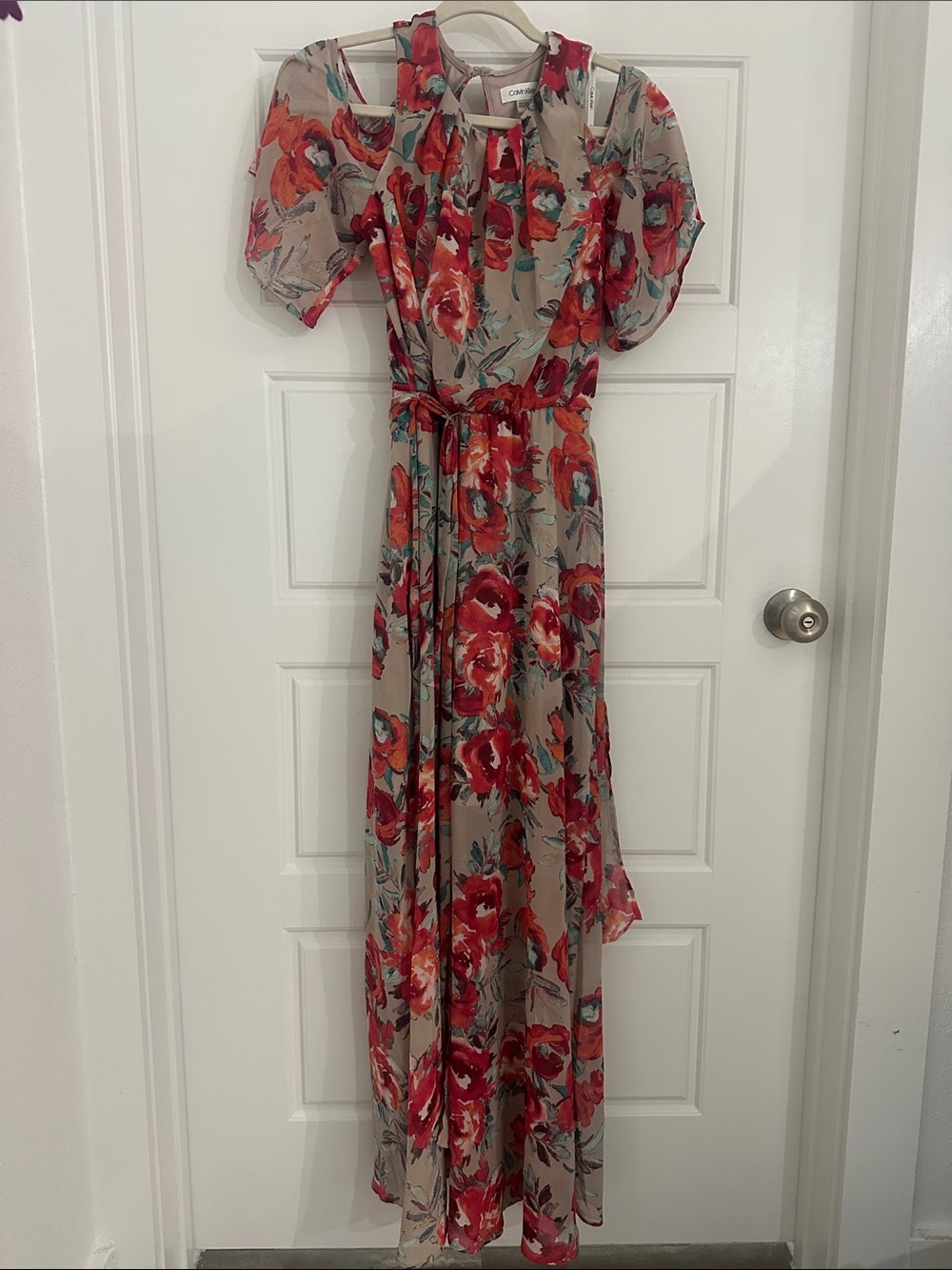 Calvin Klein Beige Maxi Dress with Red Floral Print